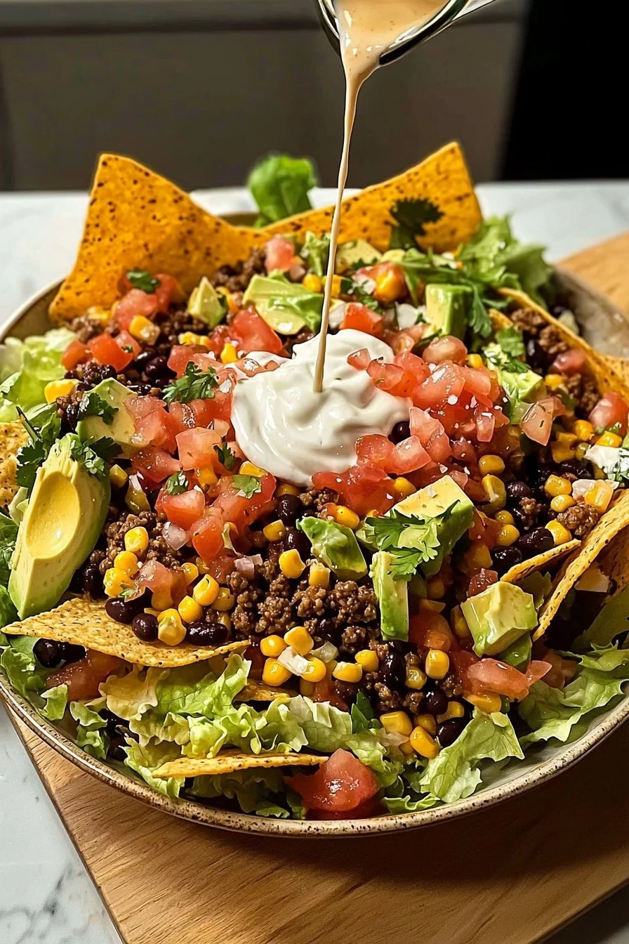 Crispy Tortilla Chip Taco Salad topped with fresh ingredients and served in a bowl