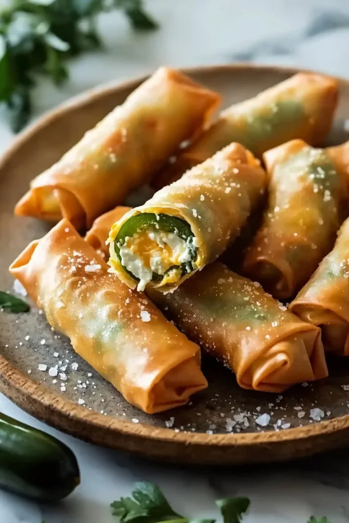 Crunchy mini jalapeño popper egg rolls served as appetizers on a platter.