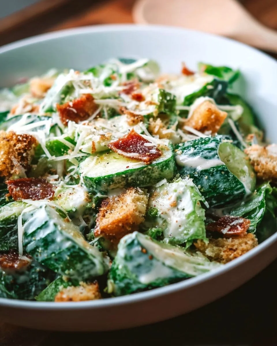 Cucumber Caesar Salad topped with croutons and parmesan cheese