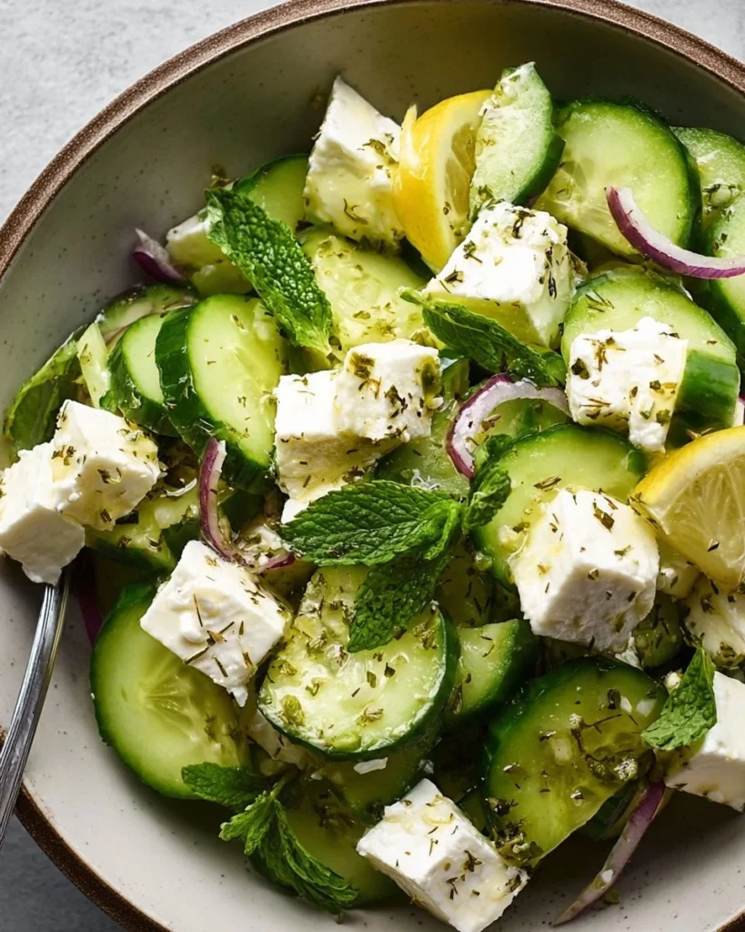 Delicious Cucumber Feta Salad drizzled with Lemon Greek Vinaigrette.