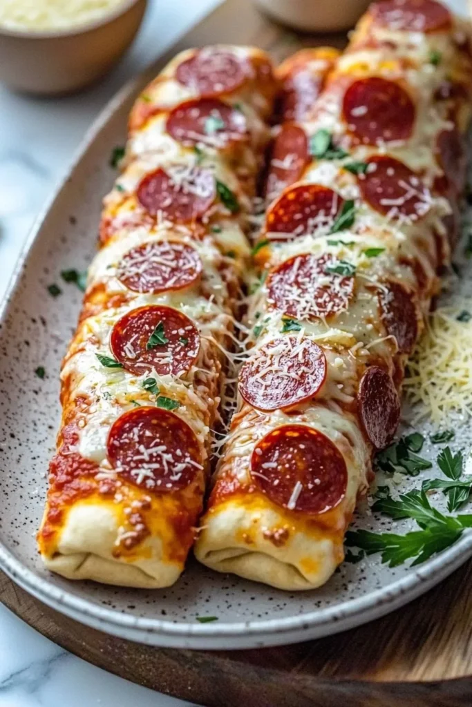 Delicious beef pepperoni pizza roll breadsticks served on a plate.