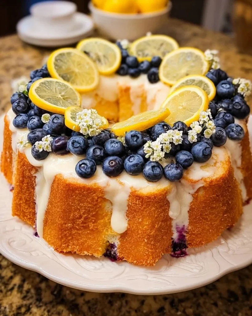 Delicious blueberry lemon angel food cake topped with fresh blueberries and lemon zest.