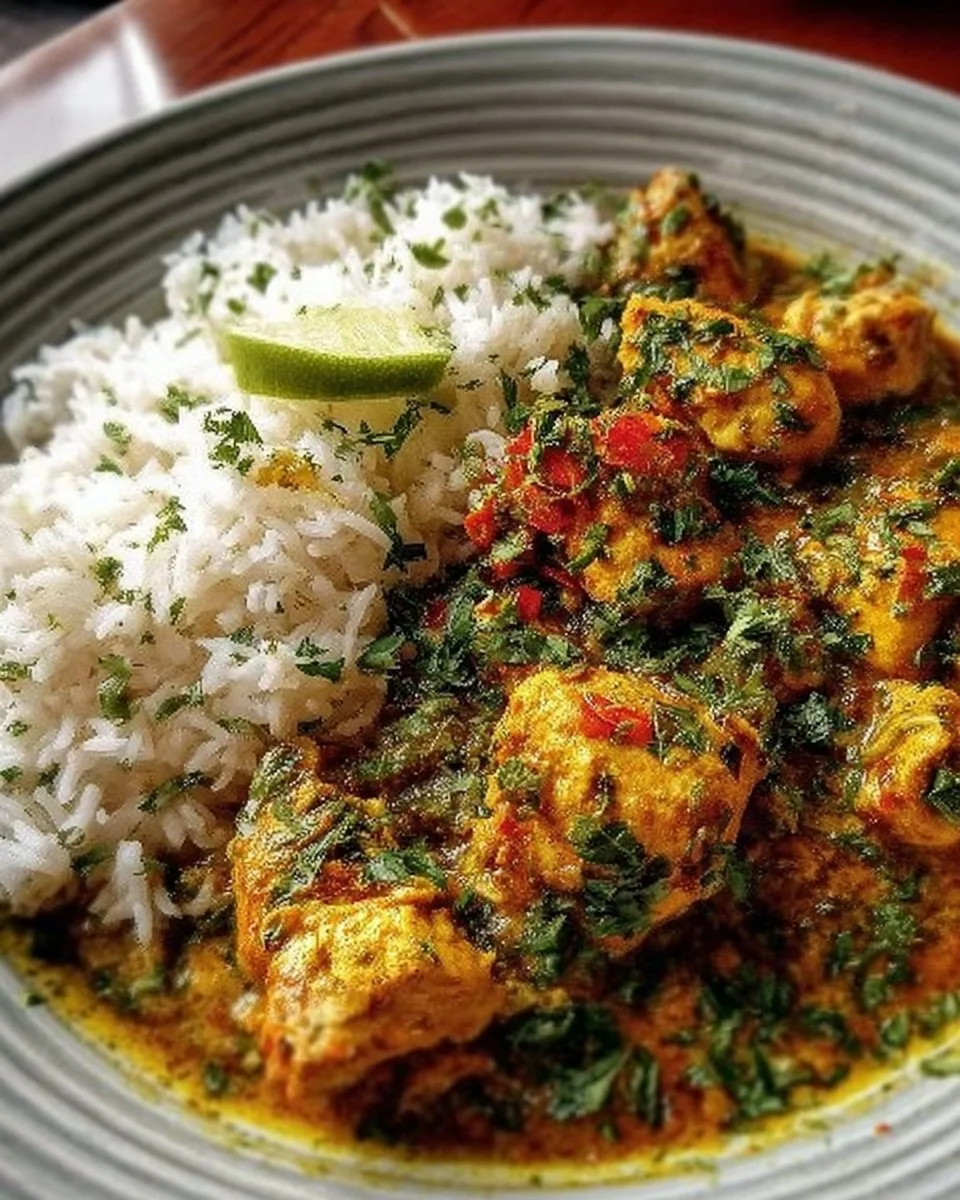 A plate of Brazilian Coconut Chicken garnished with fresh herbs, served with rice.