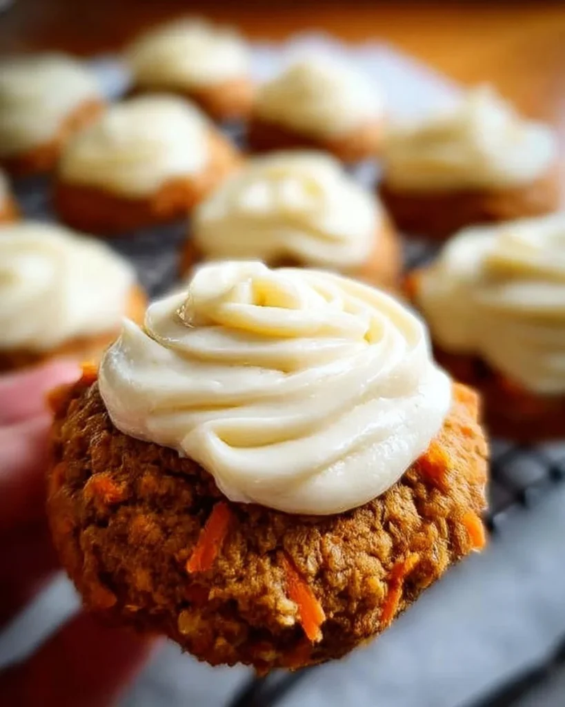 Plate of delicious carrot cake cookies drizzled with cream cheese icing