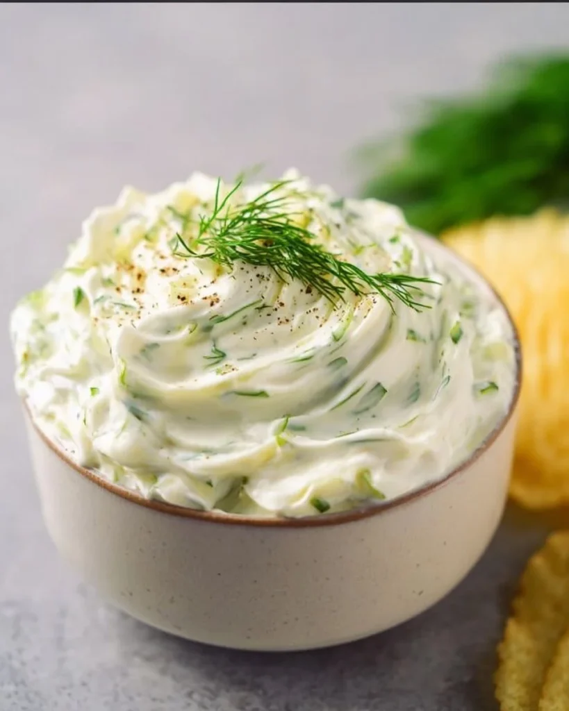 Bowl of dill pickle dip with crackers and vegetables for dipping