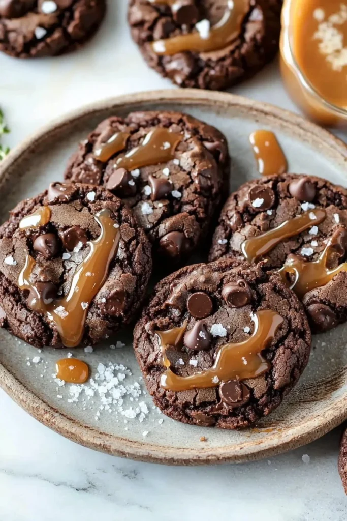 Double chocolate salted caramel cookies stacked on a plate
