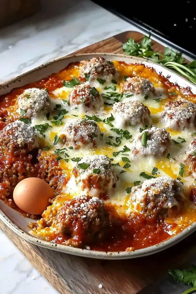 Delicious beef meatball casserole in a baking dish with cheese and herbs