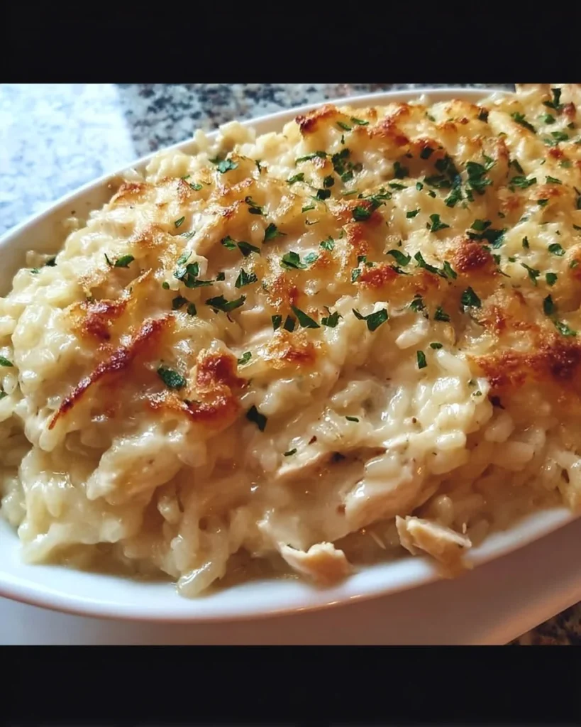 Dump-and-Bake Chicken Alfredo Rice Casserole topped with cheese in a baking dish