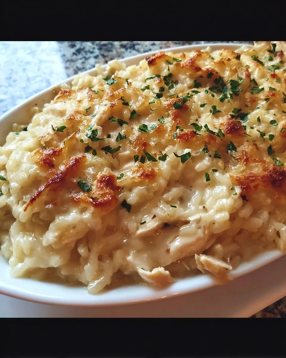 Dump-and-Bake Chicken Alfredo Rice Casserole topped with cheese in a baking dish
