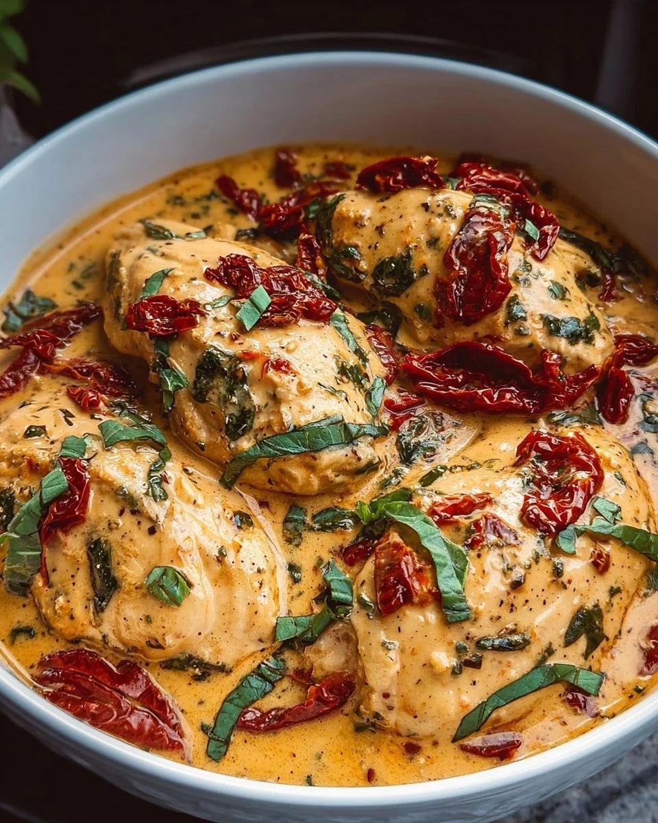 Delicious creamy sun-dried tomato chicken dish served with herbs.