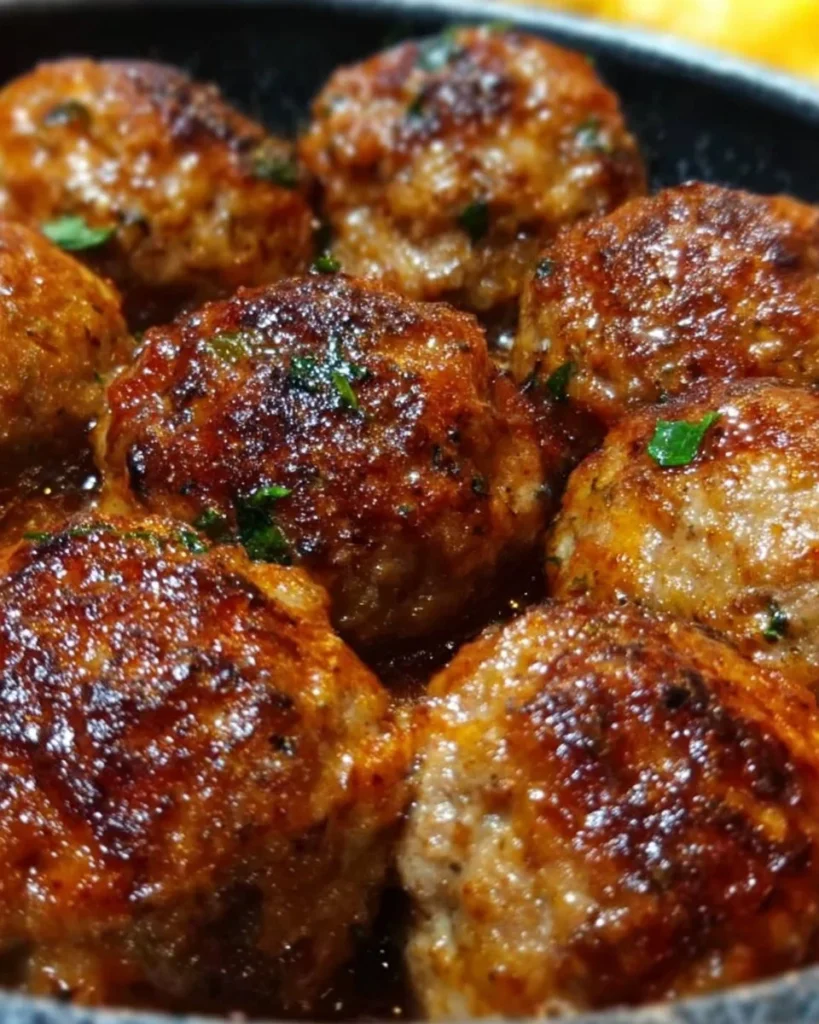 A plate of easy baked beef meatballs served with marinara sauce and fresh herbs.