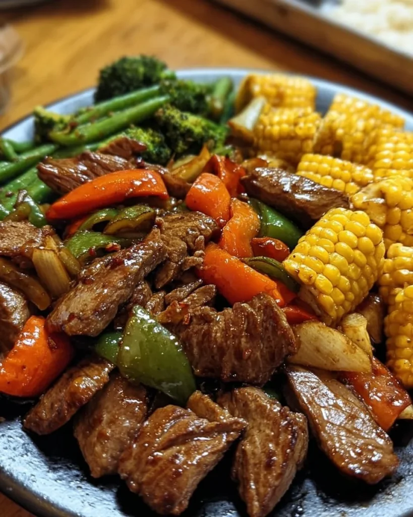 Delicious Blackstone cowboy stir fry dinner served on a plate with colorful vegetables.