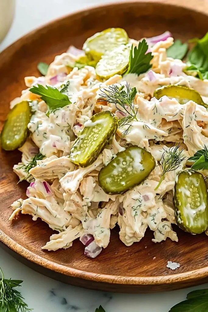 Bowl of easy dill pickle chicken salad with fresh ingredients