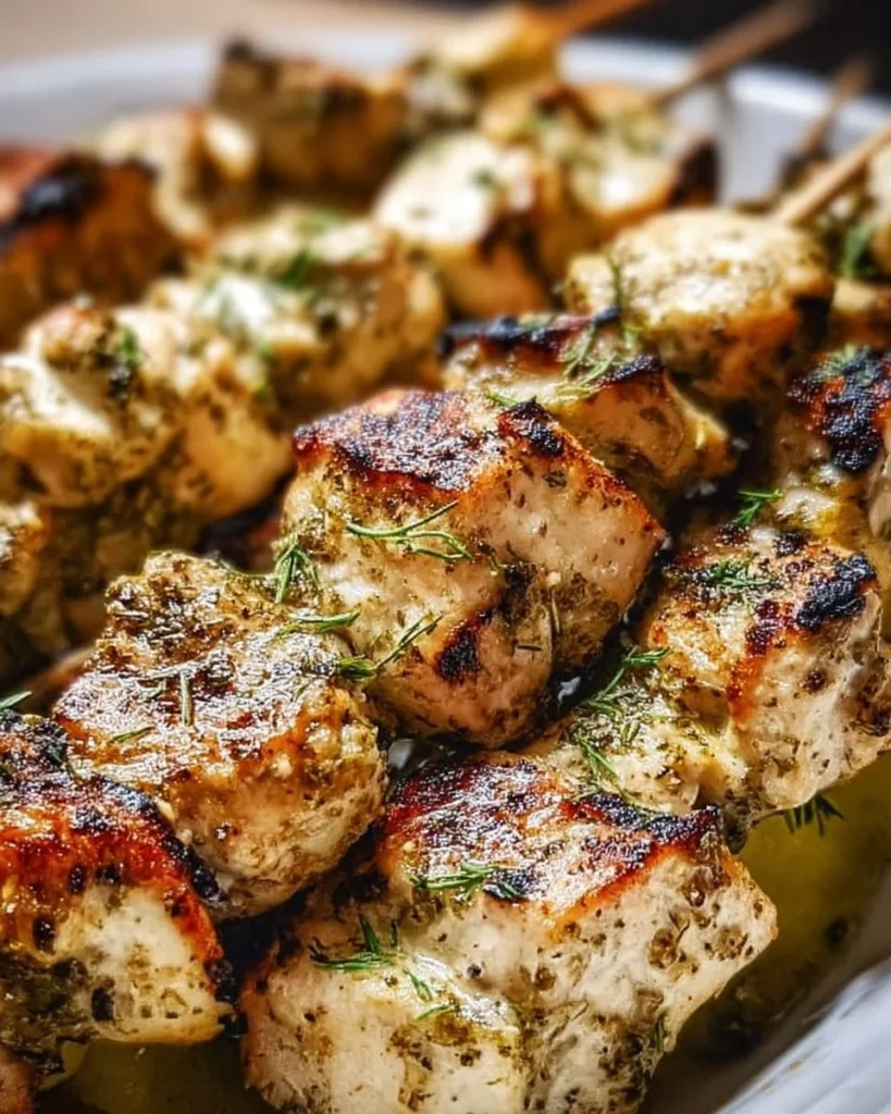 Easy Dill Pickle Ranch Chicken skewers ready for grilling