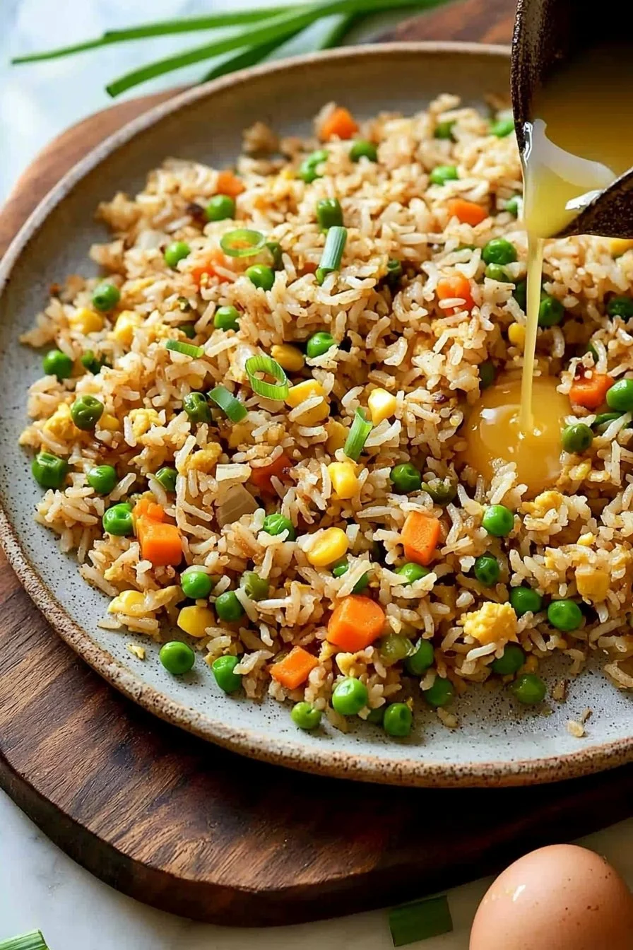 Bowl of homemade easy fried rice with vegetables and scrambled eggs