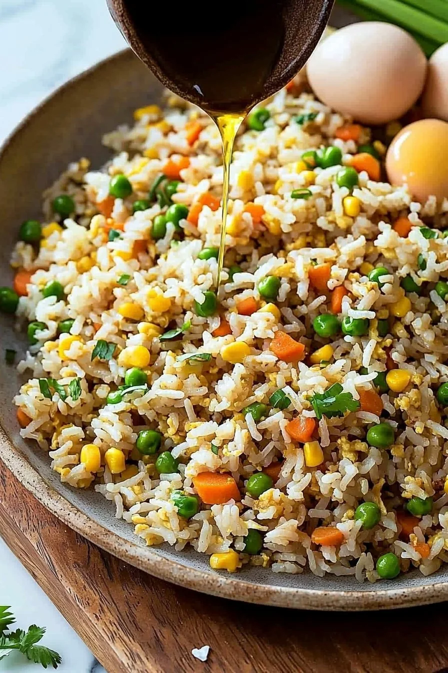 A bowl of easy fried rice with colorful vegetables and cooked eggs