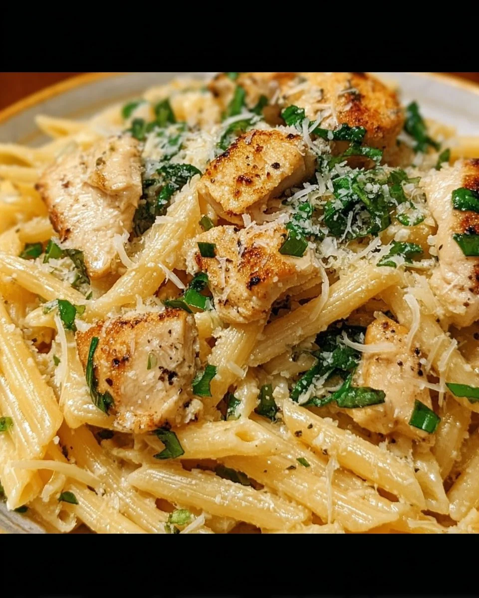 Delicious easy garlic parmesan chicken pasta topped with fresh herbs