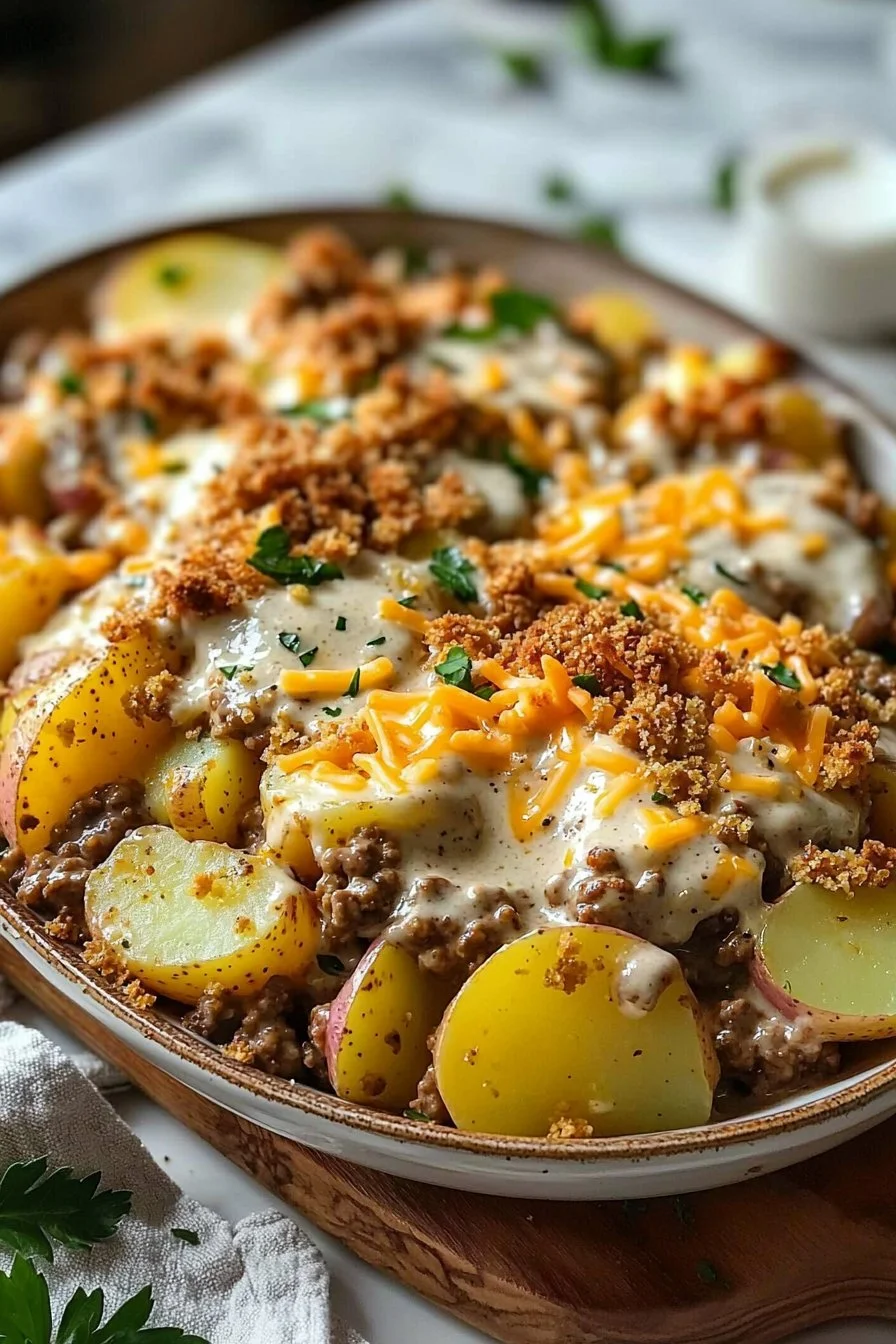 Easy hamburger potato casserole dish with layers of beef and potatoes.