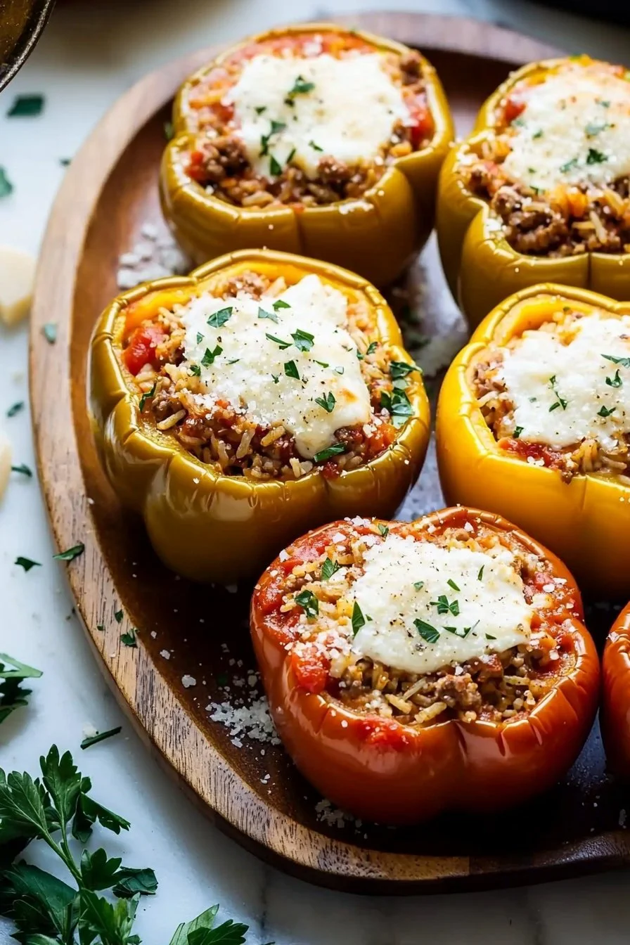 Italian stuffed bell peppers filled with rice, ground beef, and herbs.