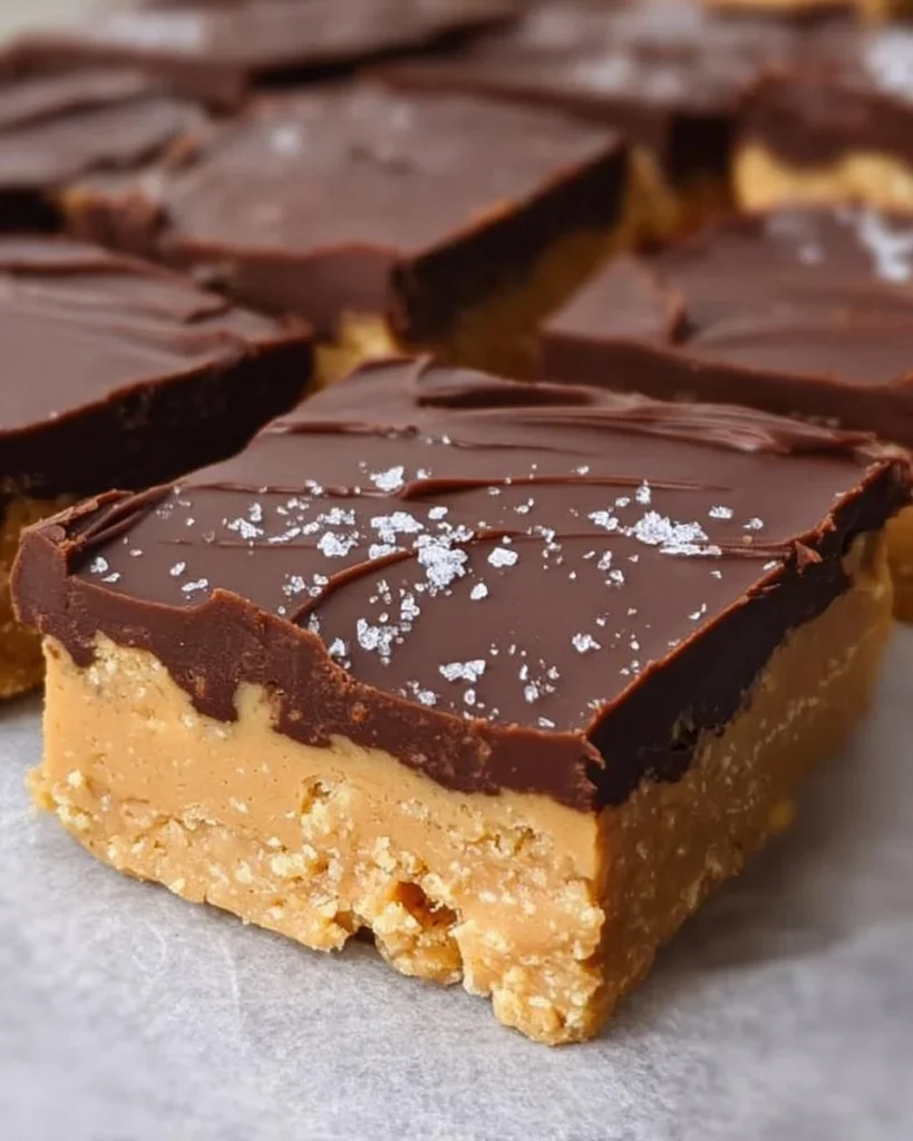 Delicious easy no bake peanut butter bars on a plate.