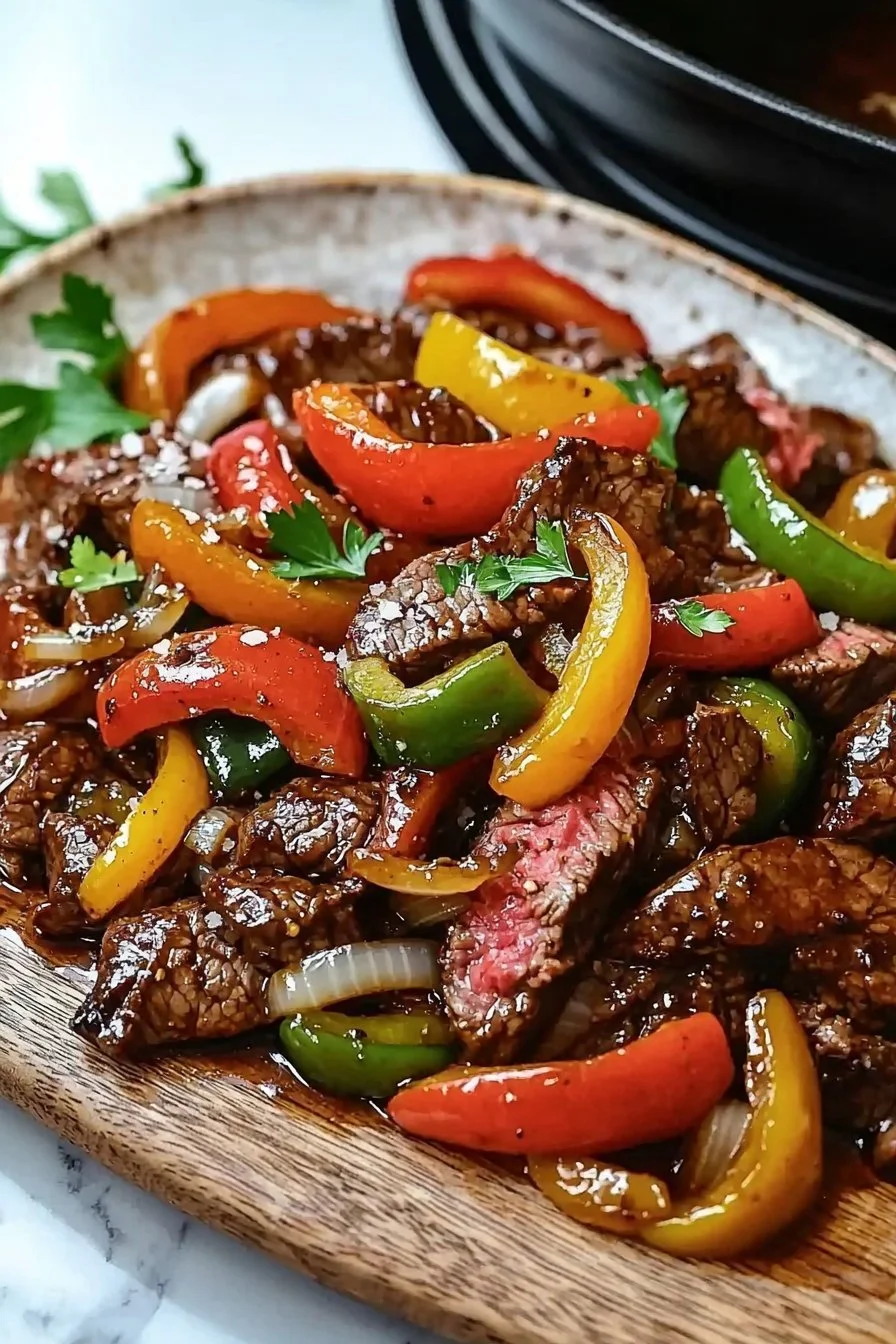 Easy pepper steak stir-fry served with colorful bell peppers
