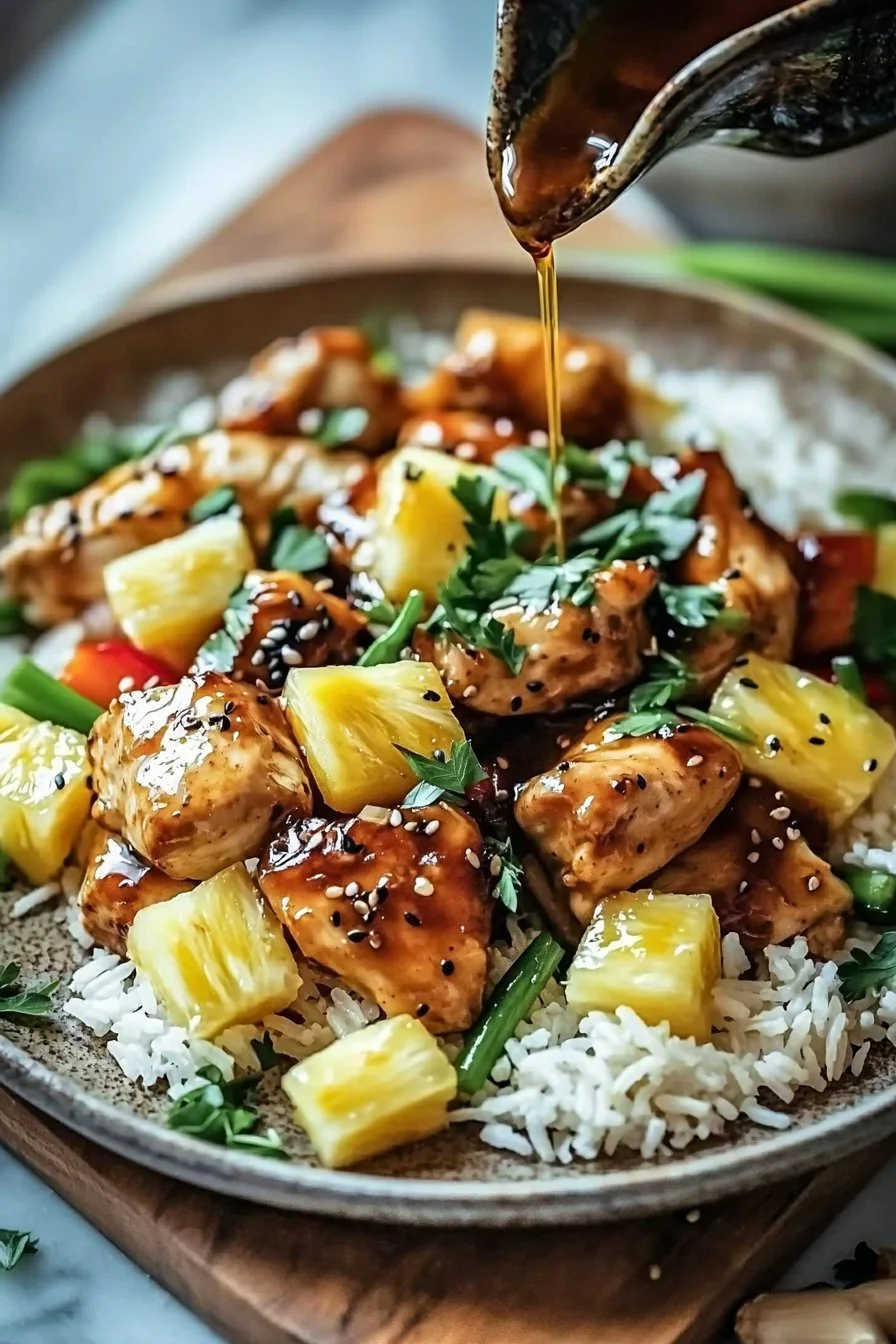 Delicious easy pineapple chicken served with rice on a plate.