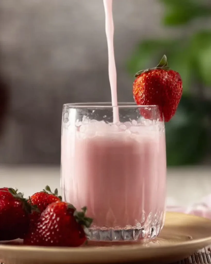 Homemade easy refreshing strawberry milk in a glass with fresh strawberries