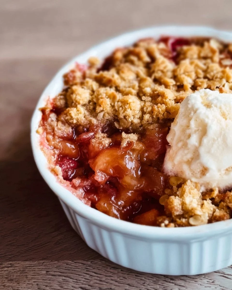 Delicious easy rhubarb crisp dessert with a golden topping and fresh rhubarb.