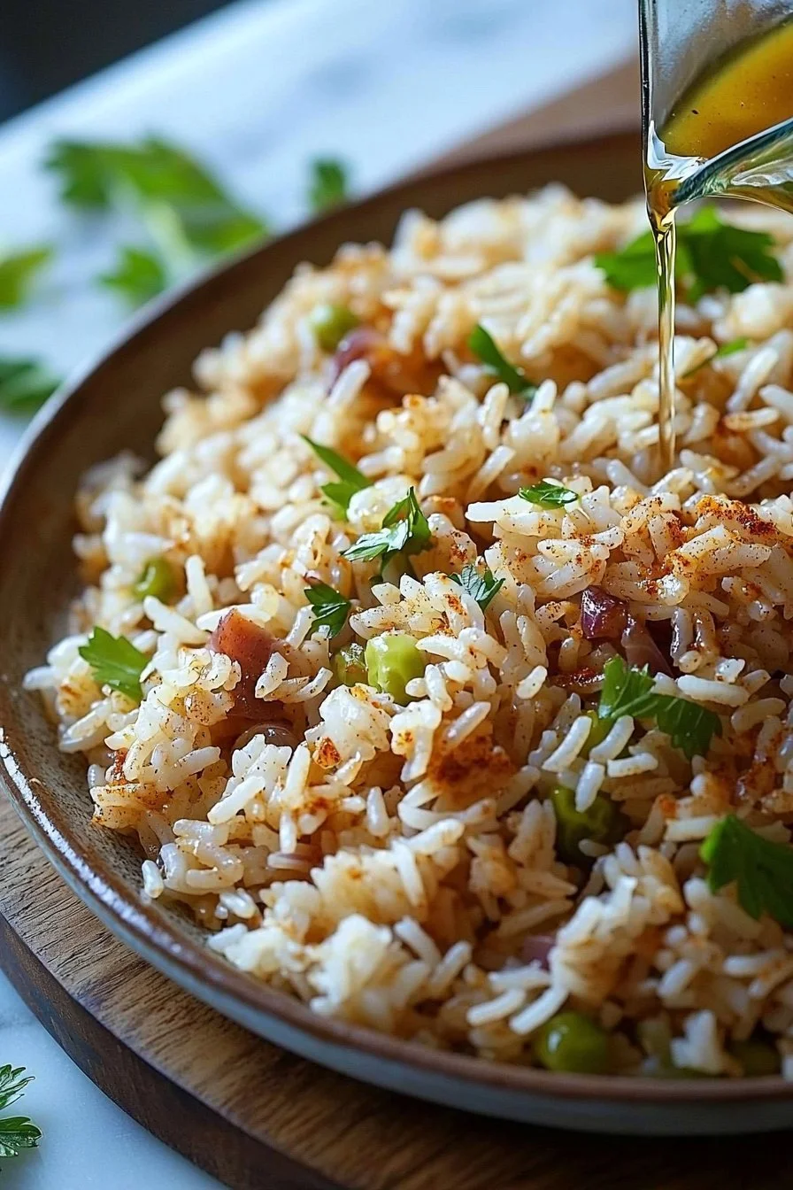 Bowl of easy spiced rice garnished with herbs and spices