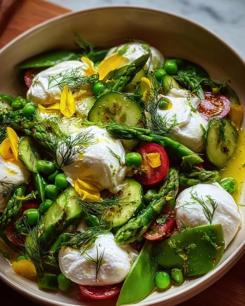 Easy spring salad with burrata served in a bowl with colorful vegetables