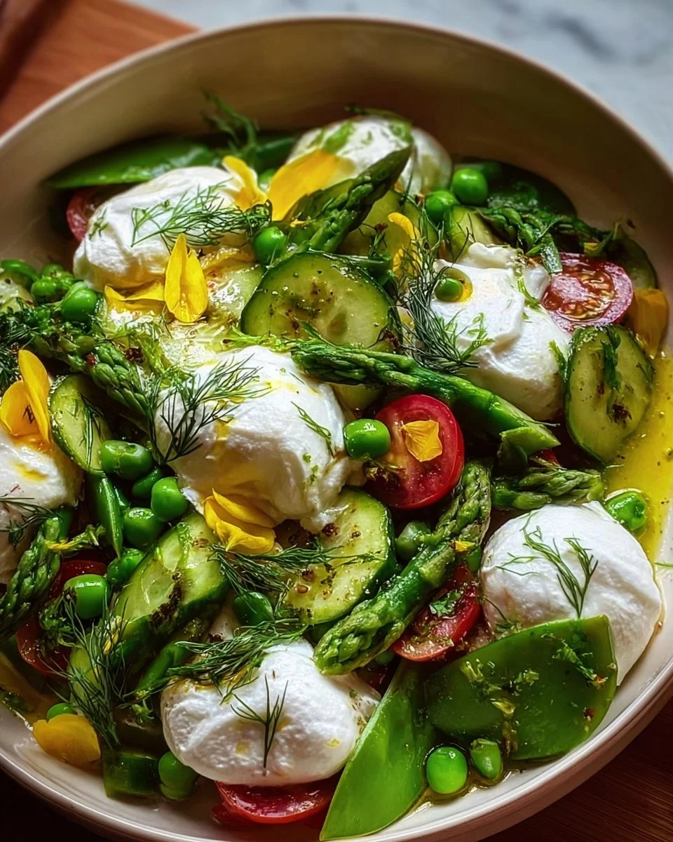 Easy spring salad with burrata served in a bowl with colorful vegetables
