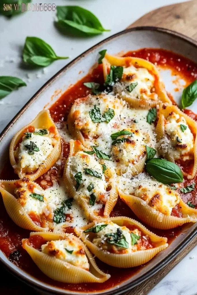 Plate of easy stuffed shells filled with cheese and spinach