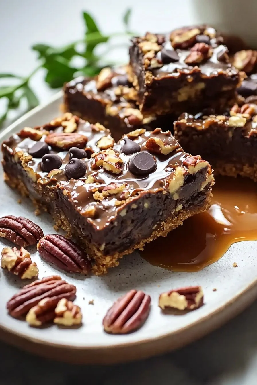 Delicious easy turtle bars topped with caramel, chocolate, and pecans
