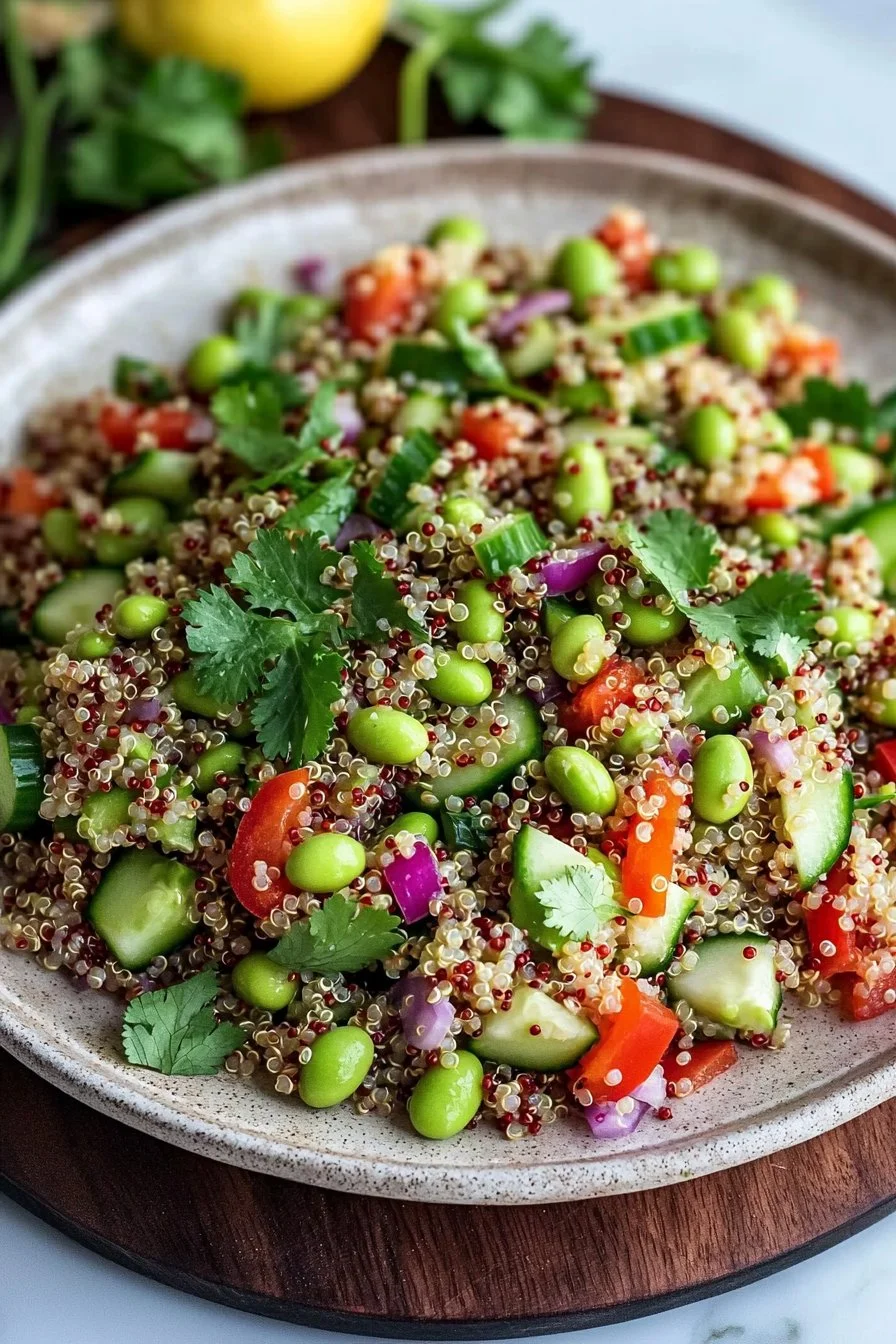 Colorful Edamame Quinoa Salad with fresh vegetables and dressing