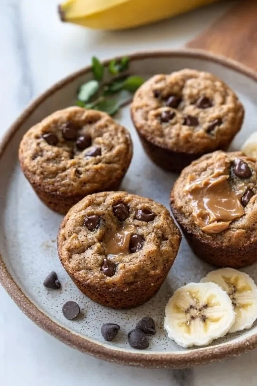 Flourless peanut butter banana muffins on a wooden table