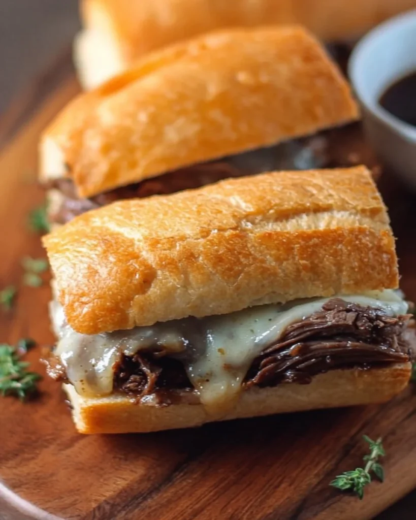 Delicious French dip sandwich with au jus for dipping