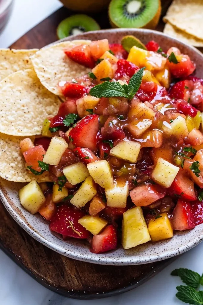 Colorful fruit salsa served with cinnamon sugar tortilla chips