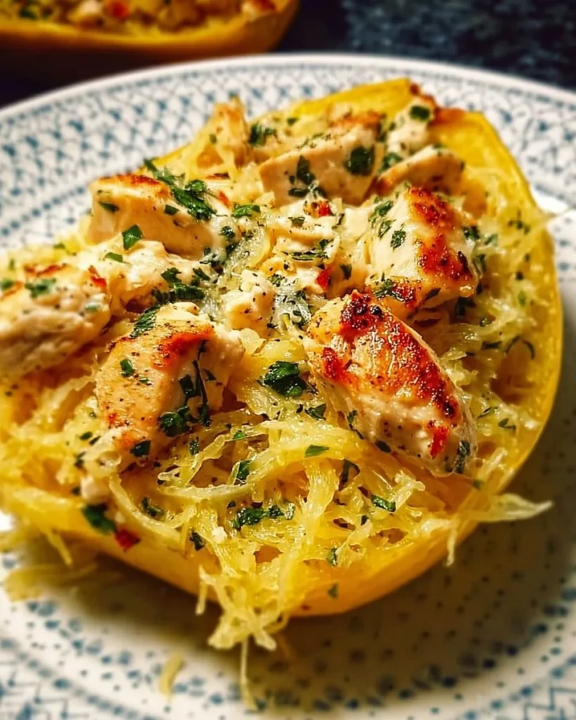 Delicious Garlic Chicken served on a bed of spaghetti squash
