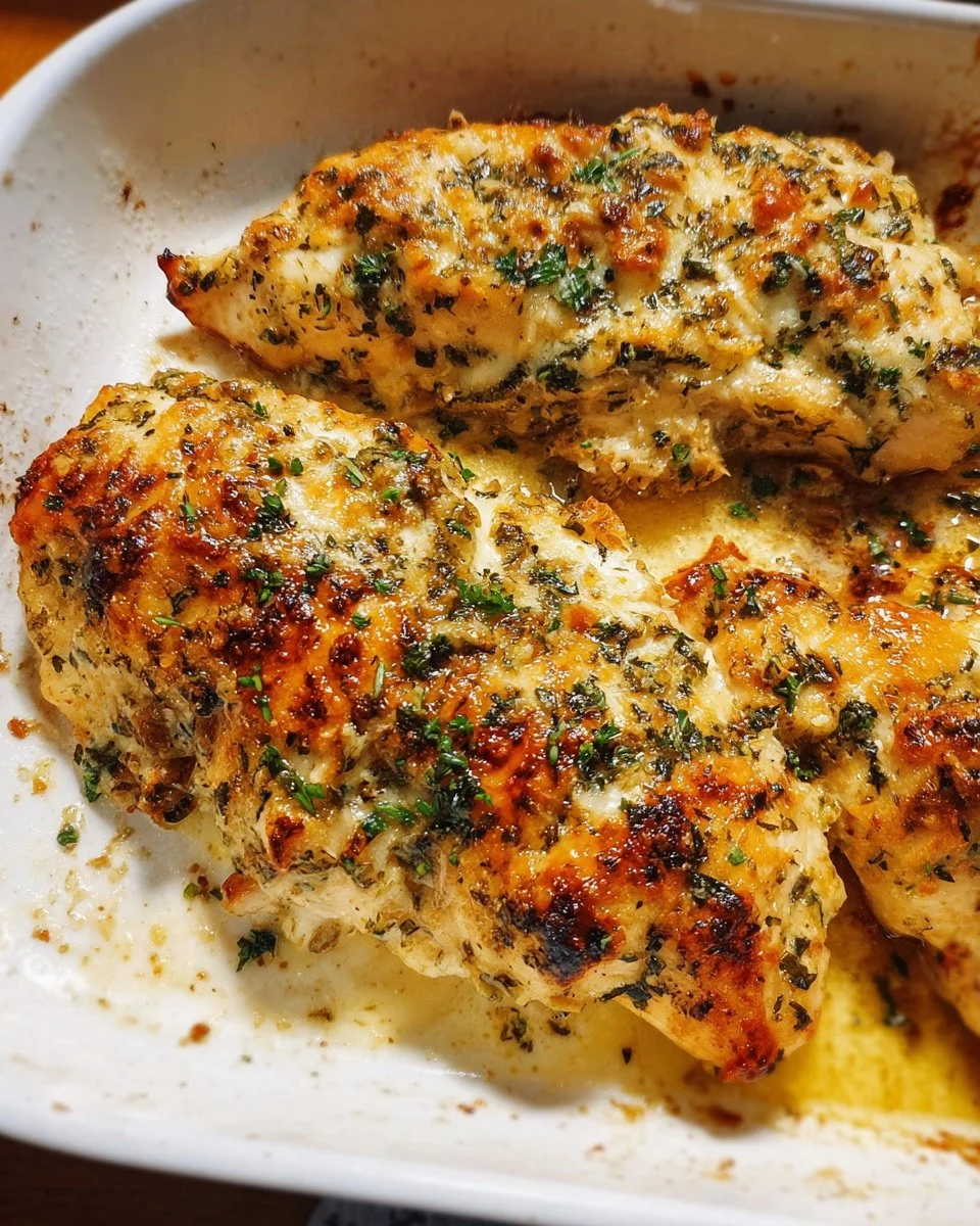Baked Garlic Parmesan Chicken dish garnished with herbs and served on a plate