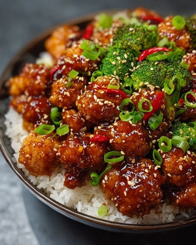 General Tso's Cauliflower Bowls topped with green onions and sesame seeds
