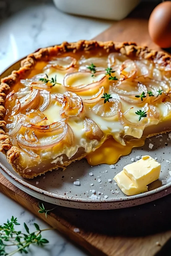 Freshly baked German Onion Pie on a wooden board