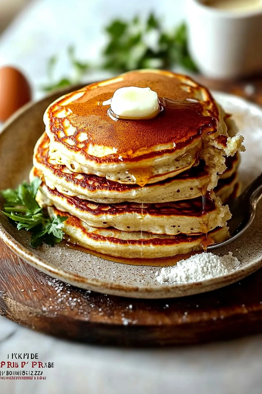 Fluffy gluten-free pancakes stacked on a plate with syrup and berries