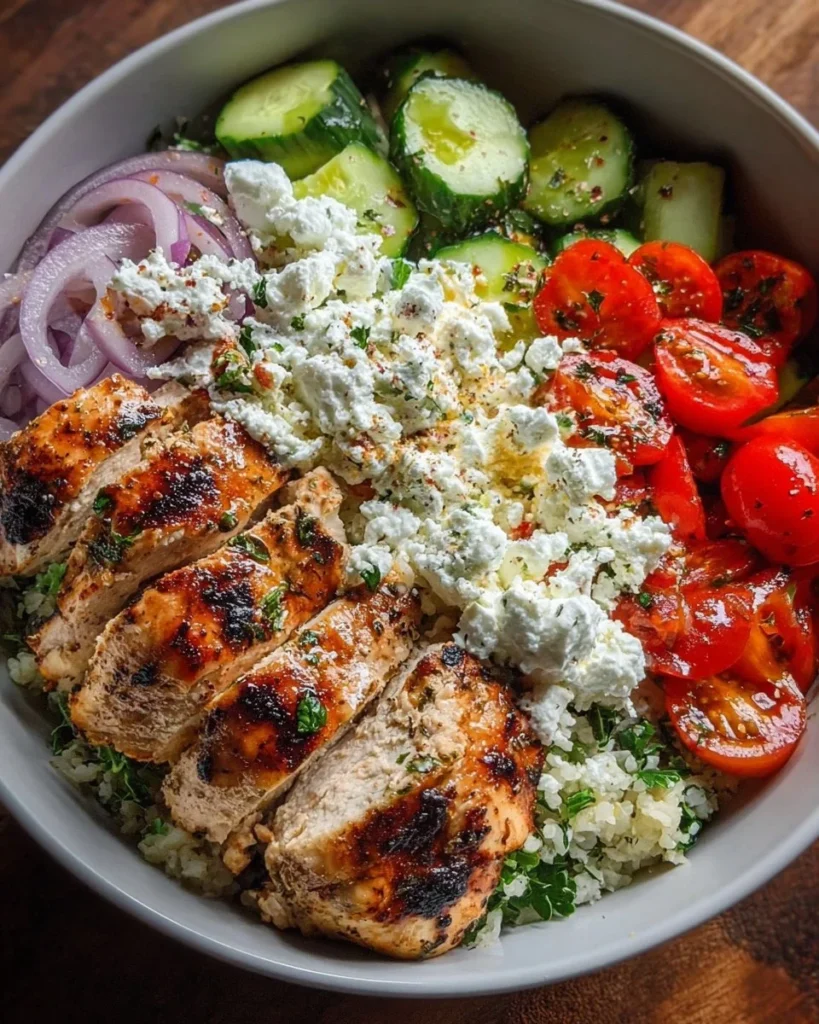 Colorful Greek Chicken Bowl with fresh vegetables and feta cheese