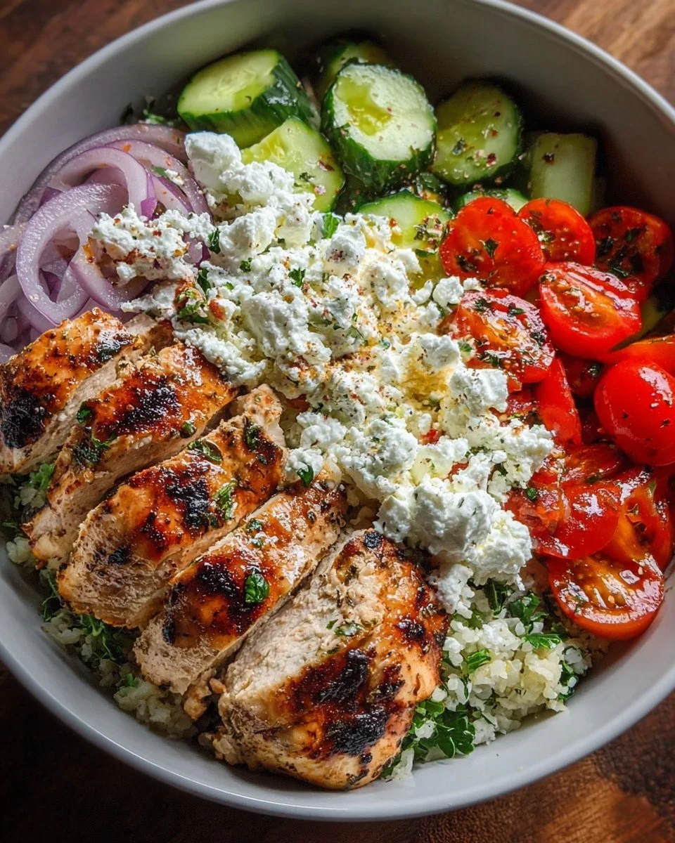Colorful Greek Chicken Bowl with fresh vegetables and feta cheese