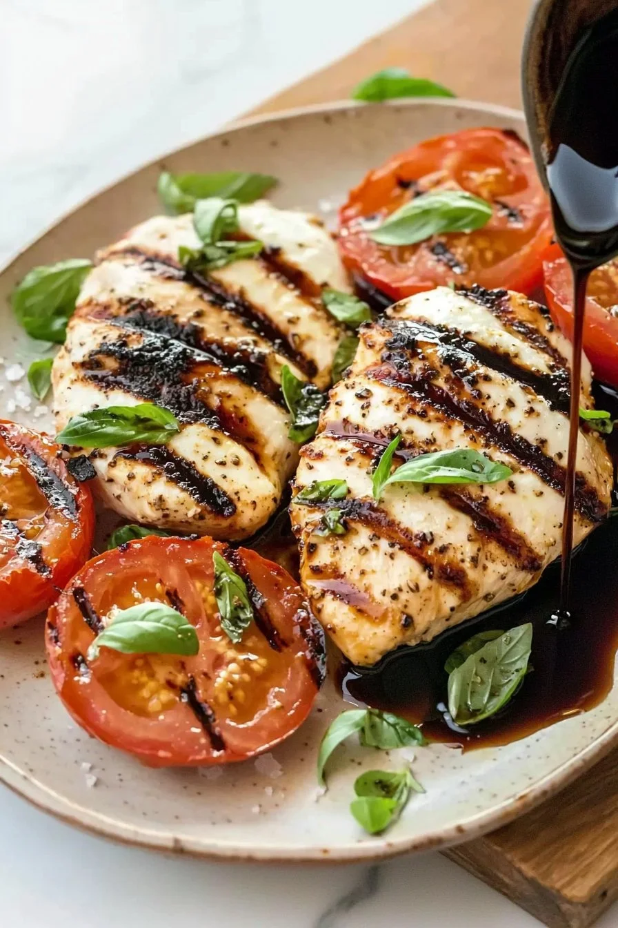 Delicious Grilled Chicken Caprese with mozzarella, tomatoes, and fresh basil