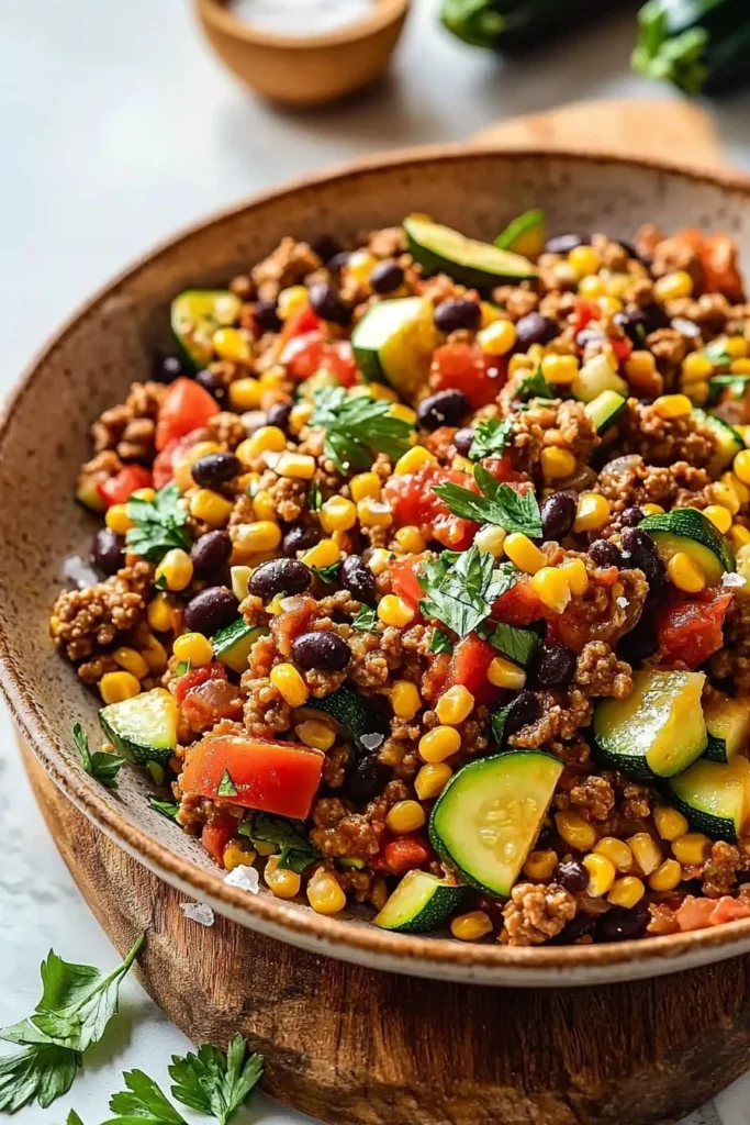 Ground turkey skillet with zucchini, corn, black beans, and tomato in a pan