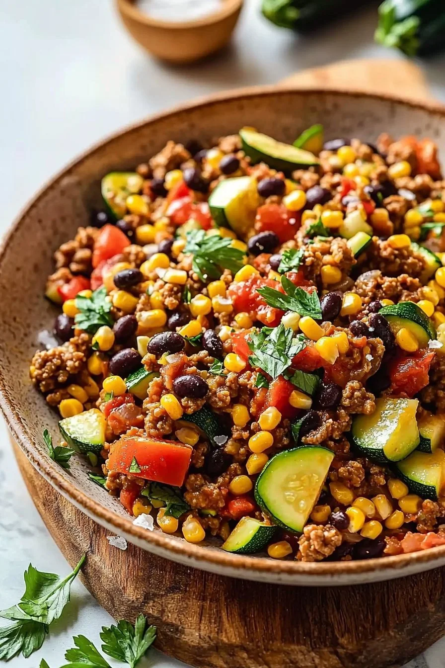 Ground Turkey Skillet With Zucchini, Corn, Black Beans And Tomato