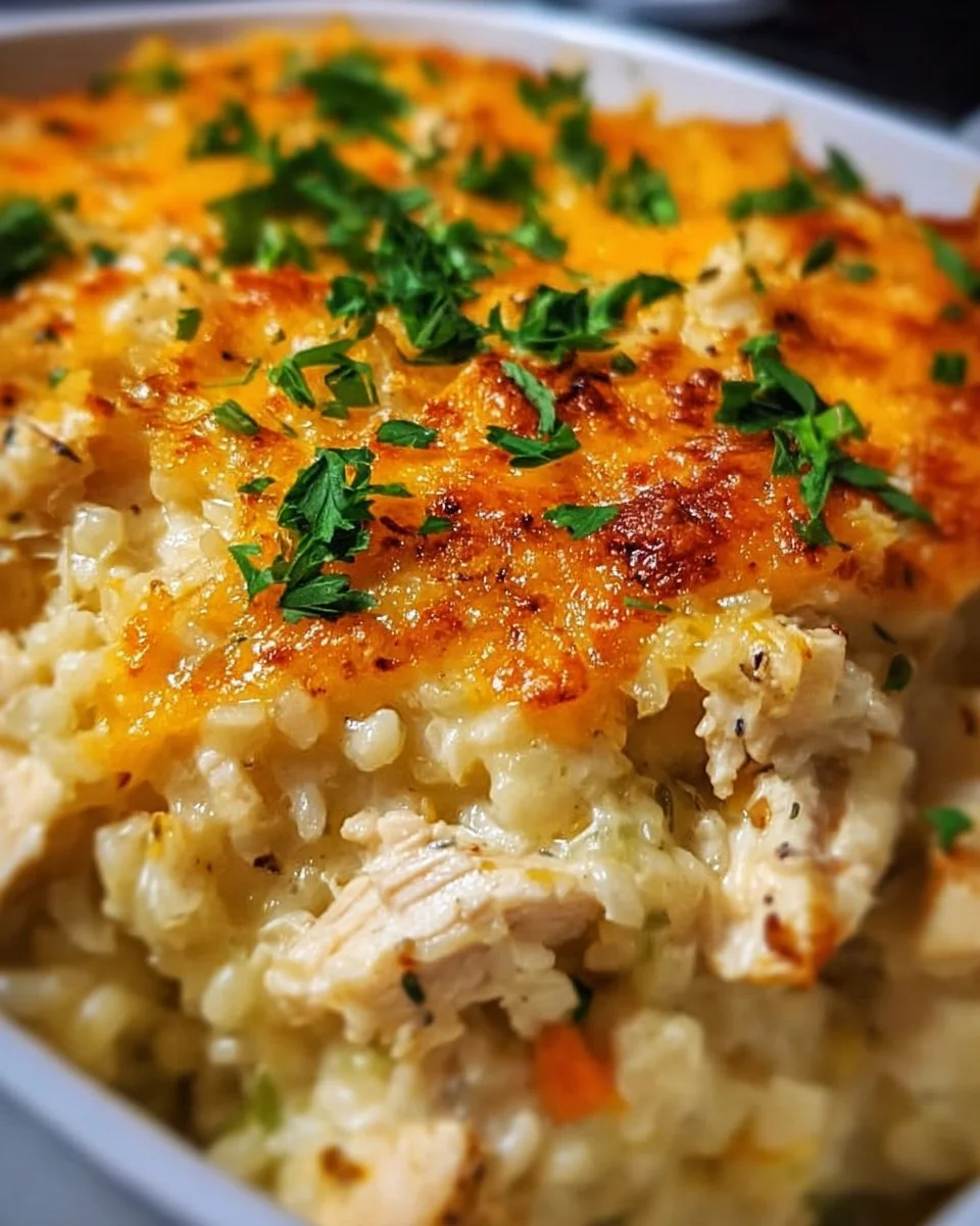 Healthy chicken cauliflower rice casserole topped with fresh herbs.
