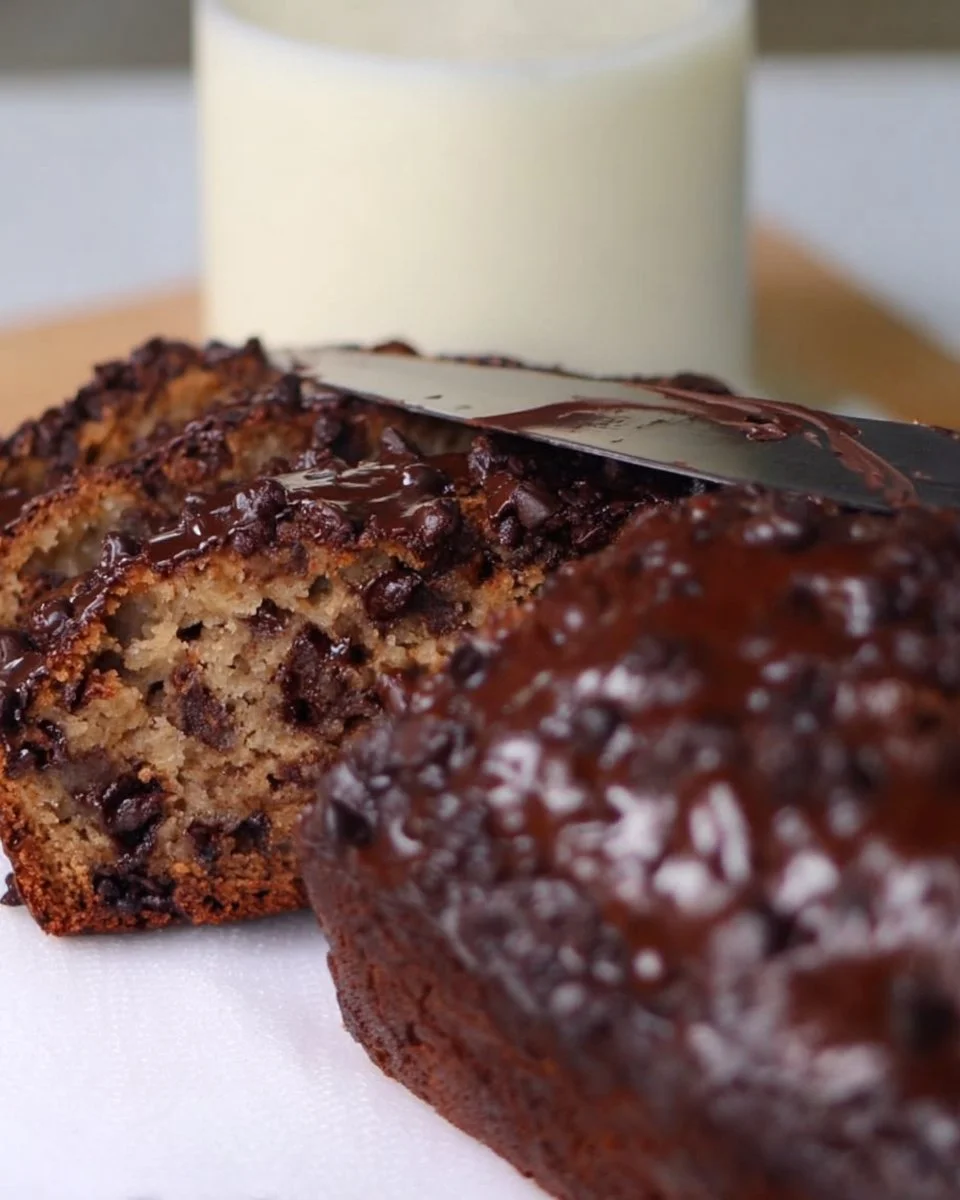 Slices of healthy chocolate banana bread on a wooden board with chocolate chips