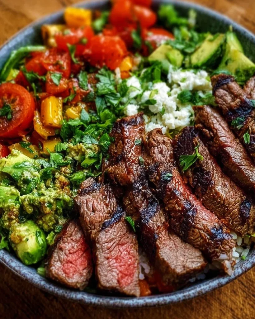 Healthy steak bowl with fresh vegetables and grains for a nutritious meal.